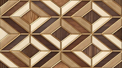 The image presents a close-up, top-down view of a geometric pattern composed of wooden tiles. 