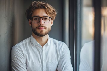 Obraz premium Portrait of handsome young man standing against wall, looking at camera.