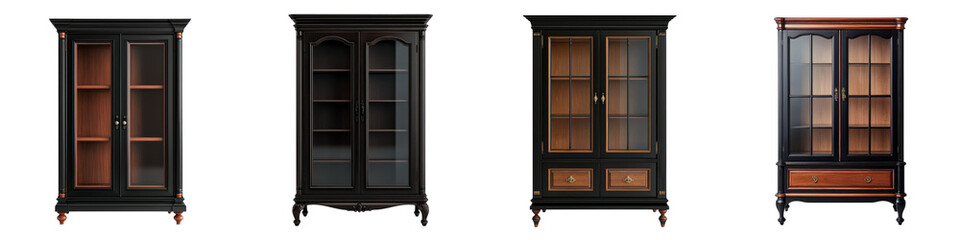 Obraz premium Elegant and Ornate Antique Wooden Cabinets Armoires and Bookshelves Displayed in a Classic Traditional and Heritage Inspired Interior Design Setting