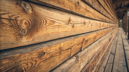 The image presents a close-up, angled view of a wooden wall with horizontal planks.