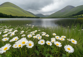 Fototapeta premium Grassy mountains under cloudy sky with daisies blooming beside tranquil lake in lush landscape