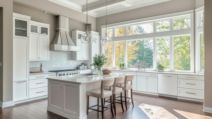 Fototapeta premium A bright and modern kitchen with white cabinets, large windows, and a central island