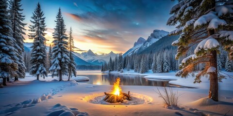 A group of snow-covered trees with a campfire in the center, surrounded by a frozen lake and mountains, with a warm glow emanating from the fire, rustic, winter camp