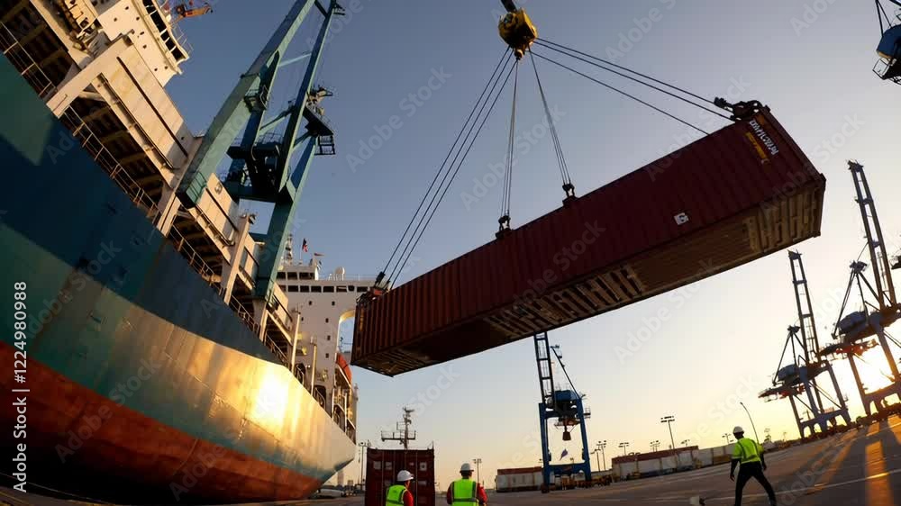 Poster Dockworkers orchestrate container loading onto a cargo ship, showcasing the complex operations of a bustling commercial port during a vibrant sunset