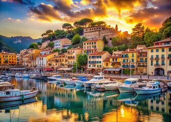 Fototapeta premium Surreal Mallorca: Dreamlike Port de Soller with Boats & Cliffside Buildings