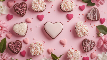Heart-Shaped Chocolate Brownies with White and Dark Chocolate Coating, Sprinkles, and Candy Decorations for a Romantic Valentine's Day Celebration