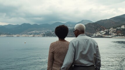 With the ocean stretching before them and mountains in the distance, a joyful senior couple stands together, relishing the peaceful atmosphere and the gentle waves