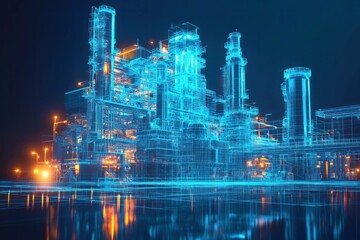 Futuristic industrial D illustration of a high tech factory with glowing blue lines and intricate details, representing advanced technology and innovation