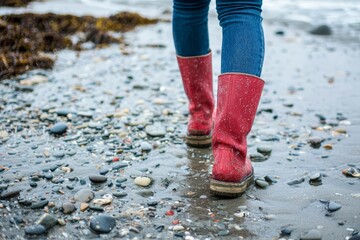 Walking on the beach along the waters edge.