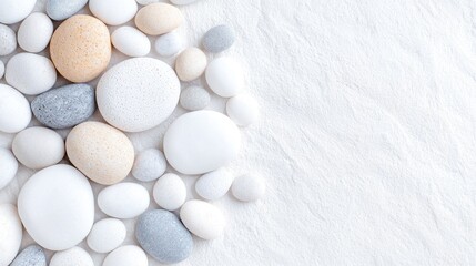 Smooth stones on white background, zen-like arrangement, copy space, spa concept