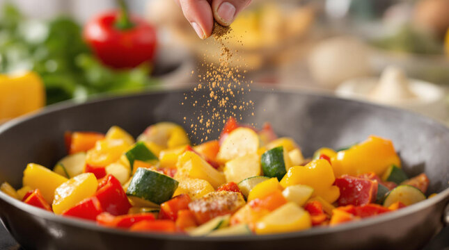 adding seasoning to vegetables in pan