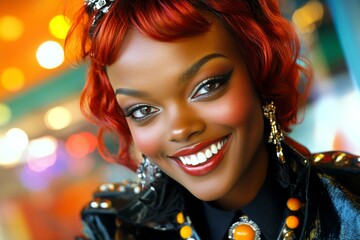 Lovely smiling black girl - for ads, flyer and internet marketing use. Short hairdo - red hair. Commercial digital ads conceptual art. Artistic black beauty. African woman elegance.