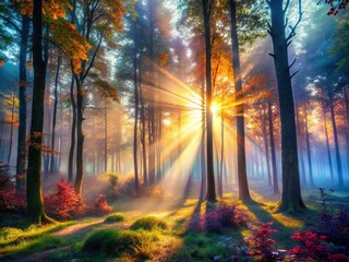 Obraz premium Surreal Morning Forest: Dreamlike Sunbeams & Mystical Trees