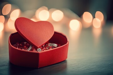 Wedding rings in heart box, romantic lights, proposal, love