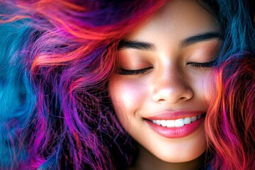 Fototapeta premium Commercial promotion visual idea. Long coiffure - multicolored hair. Gorgeous smiling black girl - for ads, advertisement and web use. Gorgeous black hair advertising. Beautiful black fashion.