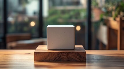 A ceramic cube on wooden base.