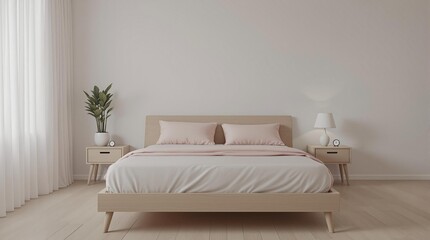minimalist bedroom with white and pink bedding and wooden nightstands