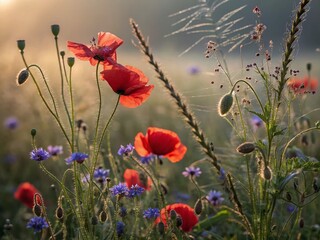 Obraz premium Surreal Poppy Wildflower Meadow Seamless Pattern - Vibrant Floral Textile Design