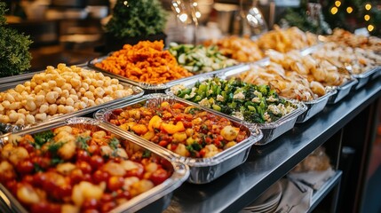 Fototapeta premium Culinary delights buffet restaurant venue food presentation indoor setting wide angle gastronomy experience