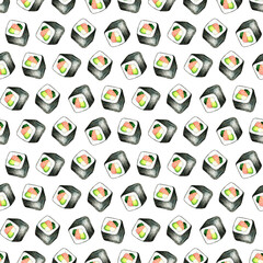 Watercolor sushi seamless pattern. Asian food endless background. Trendy food design. Perfect for wallpaper, fabric, wrapping, packaging, stationery, crafts, home decor, kitchenware, scrapbooking