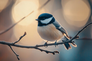 Obraz premium A small bird perched on a branch during sunset, surrounded by a soft, blurred background glow