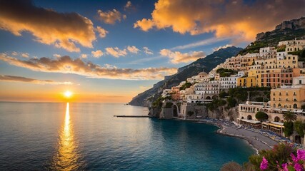 Fototapeta premium Breathtaking sunset view over coastal town with colorful buildings and calm sea along the Amalfi Coast in Italy