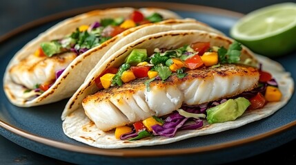 Two delicious fish tacos with fresh toppings on a dark plate with a lime half