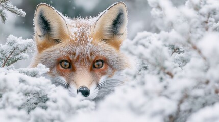 Obraz premium A red fox in snowy bushes.