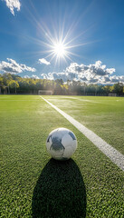 Obraz premium An empty soccer field with the ball on it, the sun shining in the background -