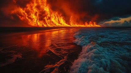 Fiery sunset inferno reflected on ocean waves at beach.