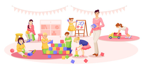 Group of kids playing with blocks, drawing, and engaging in activities with a teacher in a colorful classroom. Education concept. Vector illustration