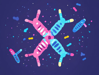 Colorful abstract representation of chromosomes and genetic structures, illustrating chromosomal abnormalities. vibrant colors and shapes create engaging visual for educational purposes