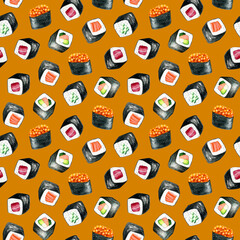 Sushi seamless pattern. Watercolor illustration of Japanese food. Sushi mix print. Perfect for wallpaper, fabric, wrapping, packaging, stationery, crafts, home decor, and Japanese-themed designs.