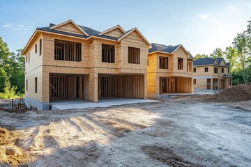 New homes under construction, wood framing visible. Illustrates the early stages of real estate development.