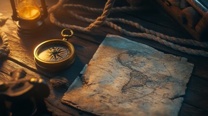 Compass, rope and treasure map on the table. The concept of sea adventures