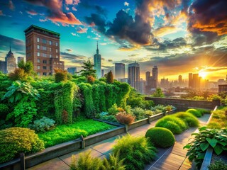 Fototapeta premium Surreal Urban Rooftop Garden Green Screen: Grainy Texture Background for Nature Videos & Creative Projects