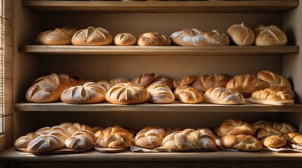 Shelves filled with an assortment of freshly baked loaves of bread.