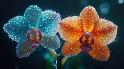 Naklejka na ściany i meble Vibrant orchids with water droplets.