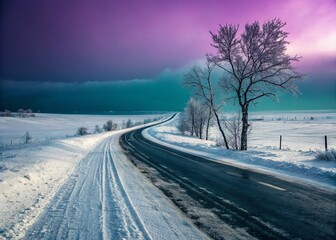 Obraz premium Surreal Winter Wonderland: Empty Snow-Covered Road in a Dreamlike Landscape