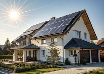 Naklejka premium Sustainable Home: Solar Panels on Modern House Roof - Eco-Friendly Energy