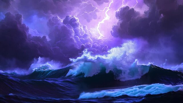 Dramatic ocean waves crashing against the shore during a nighttime thunderstorm.  Purple and blue hues dominate the sky, illuminated by a bright lightning