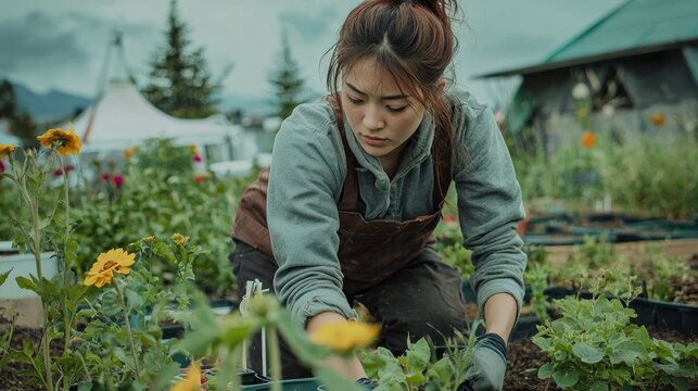 A skilled gardener carefully cultivates colorful flowers and lush greens, immersed in the beauty of a serene garden on a sunny day, creating a patch of paradise