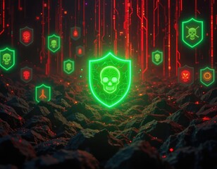 Cybersecurity Shield: Neon Skull in a Dark Digital Landscape