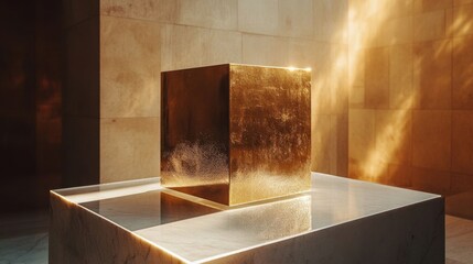 A gold cube on an acrylic pedestal.