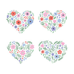 Flowers heart vector set hand drawn illustration