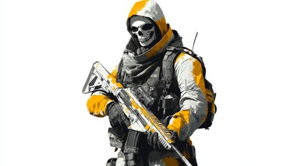 Illustration a soldier with a skull and a rifle on a white background
