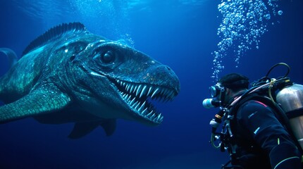Diver facing a giant marine reptile with sharp teeth underwater, surrounded by bubbles. Photorealistic style. Concept of underwater exploration. Ai generative