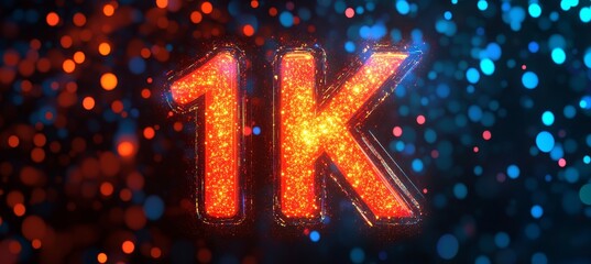 Glowing Red Sparkling 1K Celebration 3D Lettering Design On Blurry Pink And Blue Bokeh Background