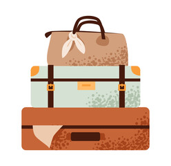 Stack of suitcases and bags for travel. Travel essentials, luggage, bag, and accessories for a vacation. Flat vector illustration.