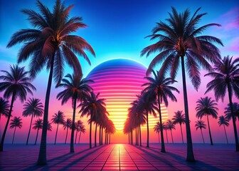 Obraz premium Synthwave Sunset Palm Trees: Retro Blue Pink 80s Wallpaper Background